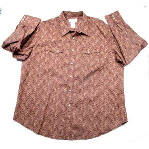Wrangler Mens XXL Paisley Western Pearl Snap Shirt Brown Wrancher Cotton/Polyest